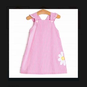 Stitchy Fish Pink Gingham  Girl Dress with Daisy Patch 3T
